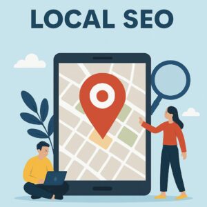 Google Maps Kartemit großem Marker und zwei Local SEO Spezialisten Zeichnung