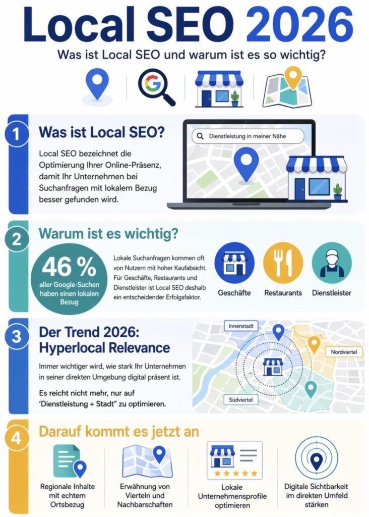 Local SEO 2026: Definition, Bedeutung (46 % lokale Suchen), Trend Hyperlocal Relevance und wichtige Erfolgsfaktoren