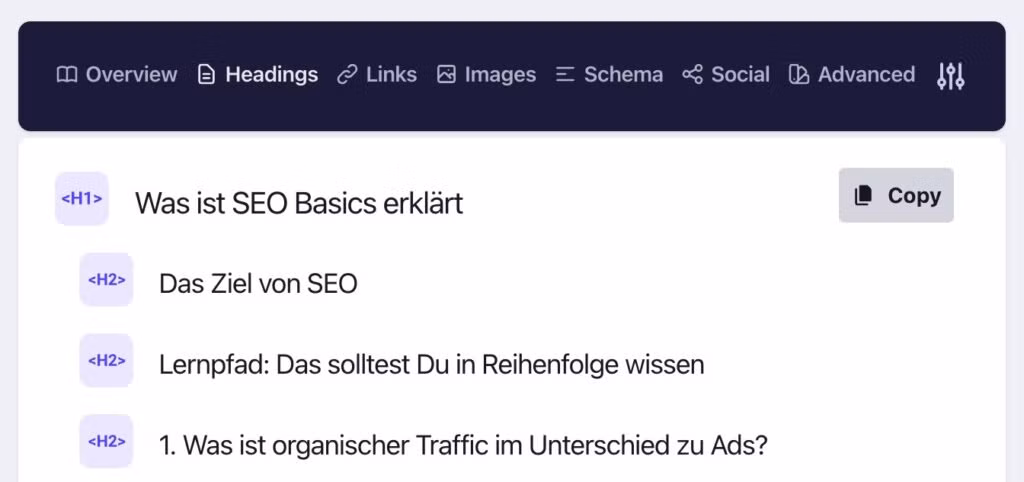 Screenshot aus dem Chrome Plugin "Detailed" mit Darstellung einer Überschriftenstruktur
