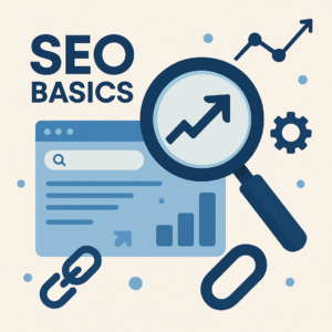 SEO Basics illustriert mit Lupe, aufsteigenden Graphen und Linksymbolen