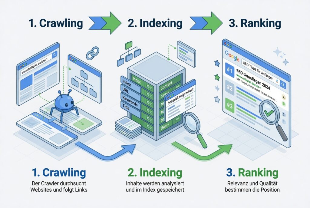 Illustration wie Suchmaschinen arbeiten: Crawling, Indexing, Ranking